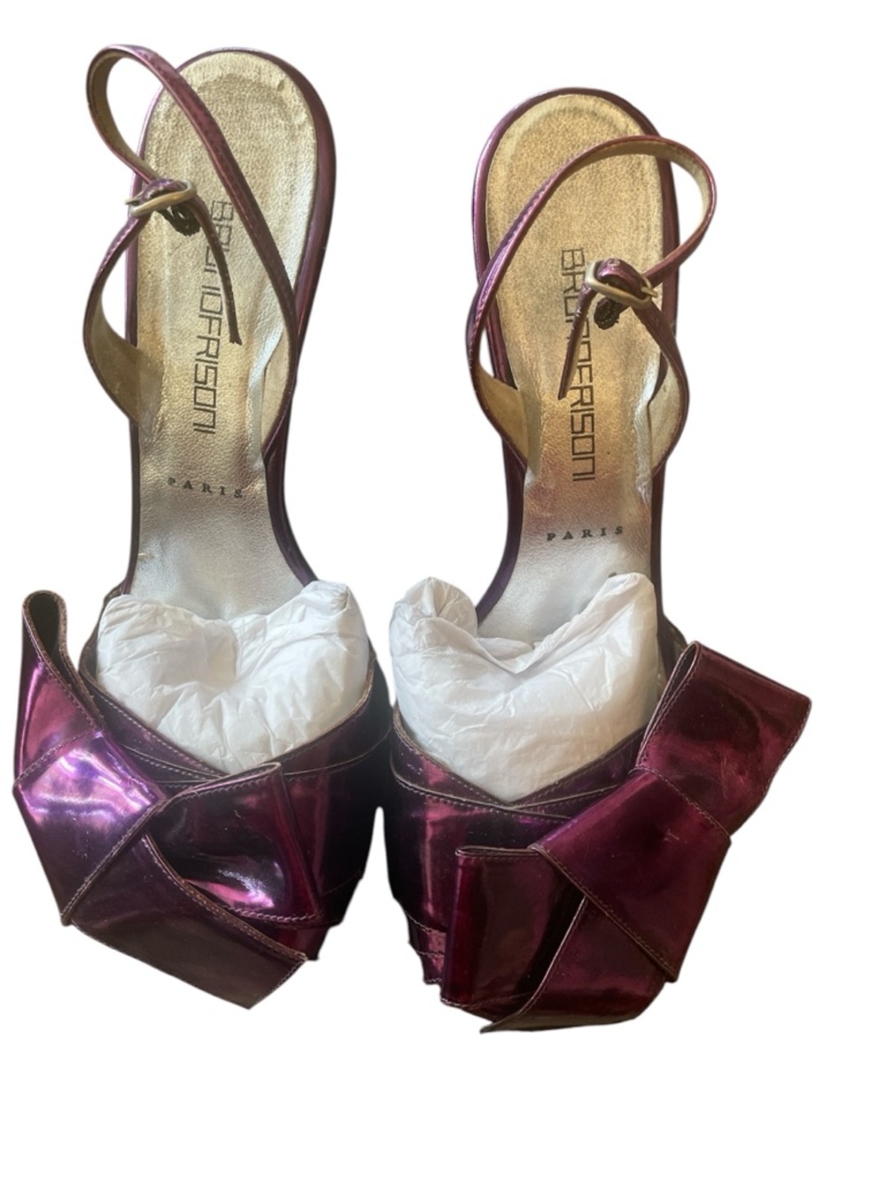 Bruno Frisoni Paris Purple Metallic Patent Leather Bow accent Slingback Stiletto